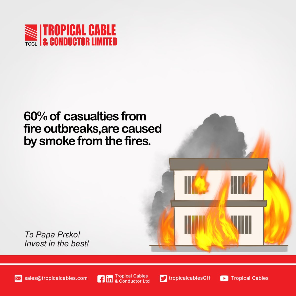 TropicalcableGH's tweet image. Smoke inhaled during fires block oxygen can cause serious respiratory complications which may lead to death. Use our Flame Retardant, low smoke cables to reduce smoke inhalation during fire outbreaks. #FlameRetardantLowSmokeFRLS #TropicalCables #Quality #Safety #BuildingCables