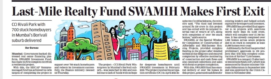 ISwamih's tweet photo. SWAMIH Investment Fund I has successfully made its first exit in the last mile funding of #StressedProject of Rivali Park, Mumbai. We aim to continue this momentum and yield many more success stories, achieving both project and investment completion targets.
#SWAMIHAchieves https://t.co/rdsuoQkoWD
