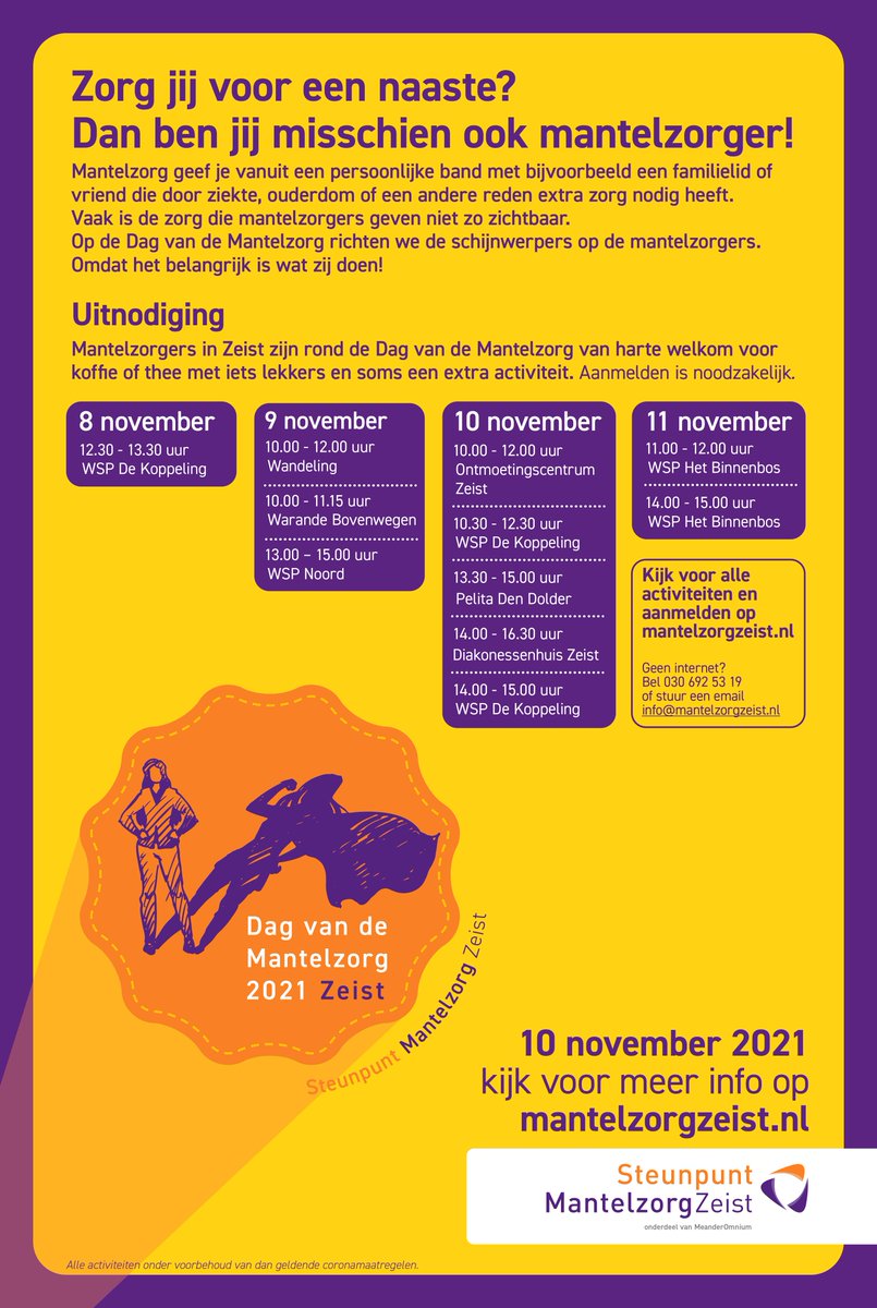 10 november is het de Dag van de Mantelzorger, omdat het belangrijk is wat mantelzorgers doen. Mantelzorgers zijn welkom voor ontmoeting, koffie met lekkers en activiteiten van 8 t/m 11 november. Aanmelden is noodzakelijk. 
Meer info: bit.ly/3CEU06S