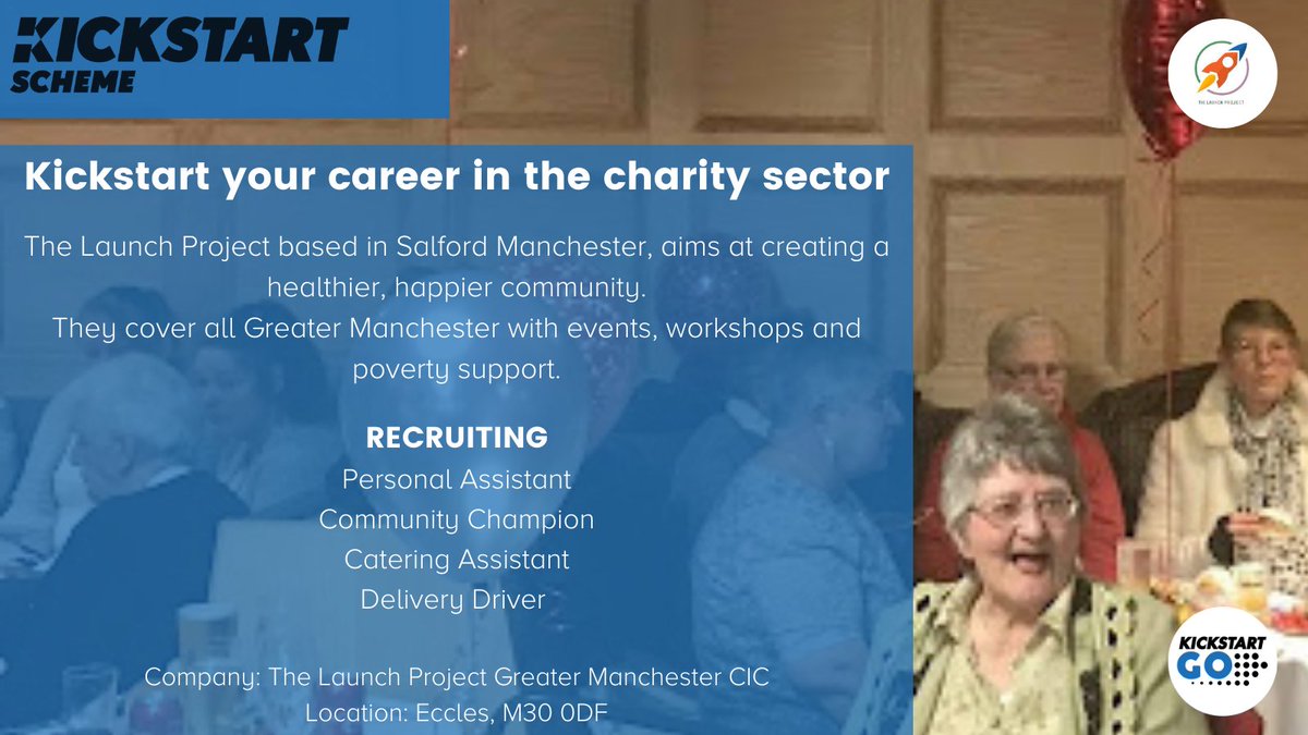 #Kickstart your career in the charity sector <a href="/LaunchMCR/">The Launch Project</a> 🚀 

 🚀 Community Champion: buff.ly/3Esg3y2
🚀 Personal Assistant: buff.ly/2ZqppLI
🚀 Catering Assistant: buff.ly/3Cj8IAp
🚀 Delivery Driver: buff.ly/3bj2Ye1

<a href="/JCPinManchester/">JCP in Manchester</a> #KickstartGM