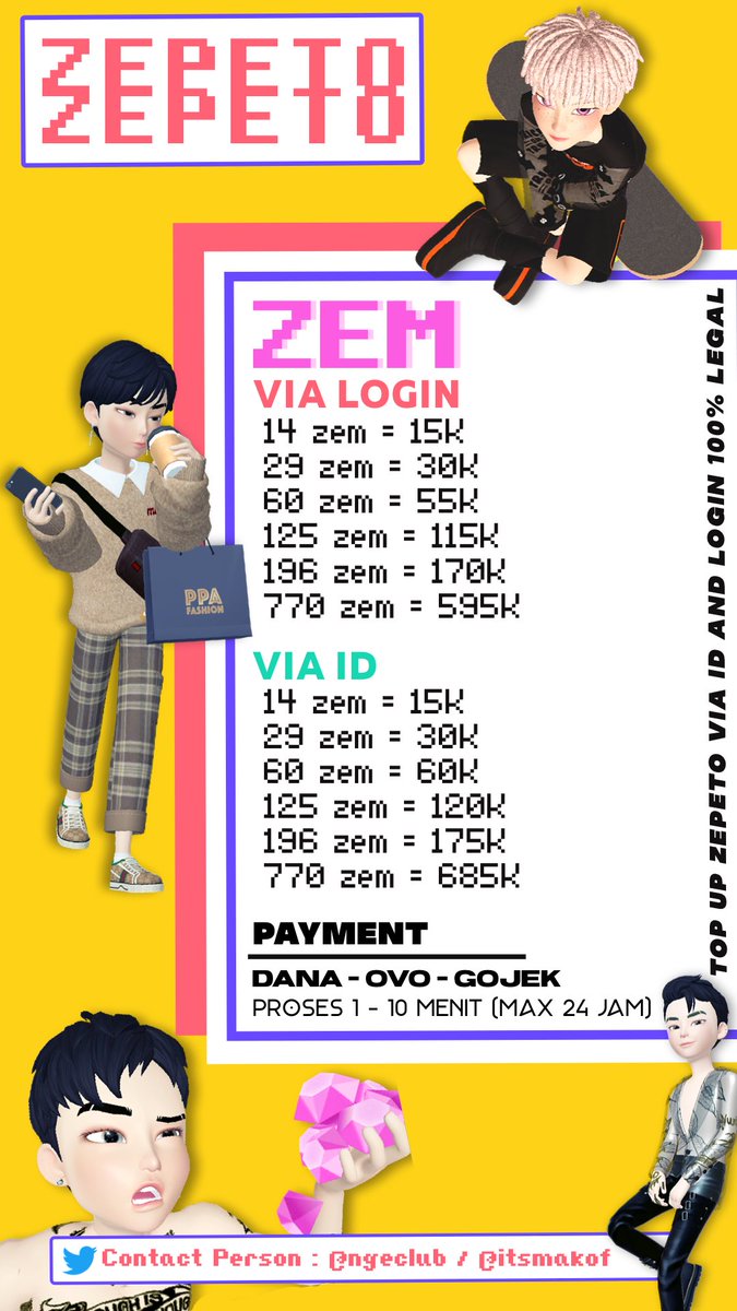 itsmakof's tweet photo. READY 

TOP UP ZEM &amp; COIN (via id &amp; via login), OPEN SLOT CHARACTER, ZEPETO PREMIUM.
🔫 legal
🔫 murah
🔫 trusted
🔫 fast progress

t. open slot karakter character jual sell coins coin koin zepeto zem zpt #zonauang #zonaba #zonabu #zonajajan https://t.co/6kSNr9ZVNc