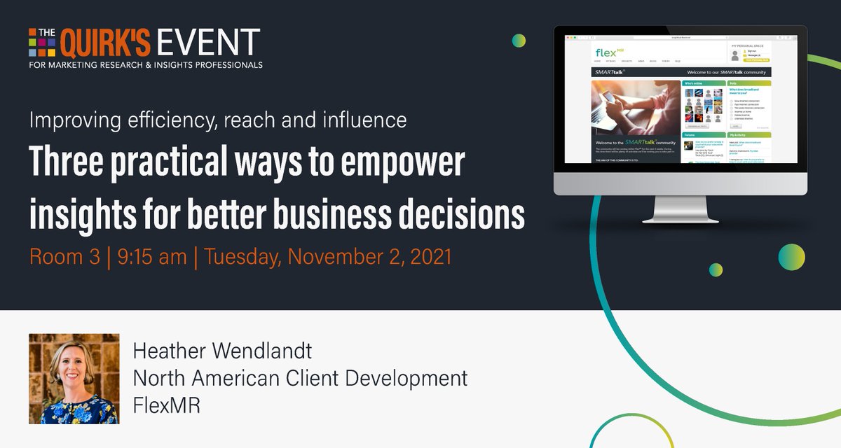 If you're at the @QuirksMR New York event today, then don't miss FlexMR's Heather Wendlandt's talk at 9:15am (EDT) to explore how insight teams can improve efficiency, reach and influence of insights and better inform key stakeholder decisions. See more: flx.mr/3q1m80C
