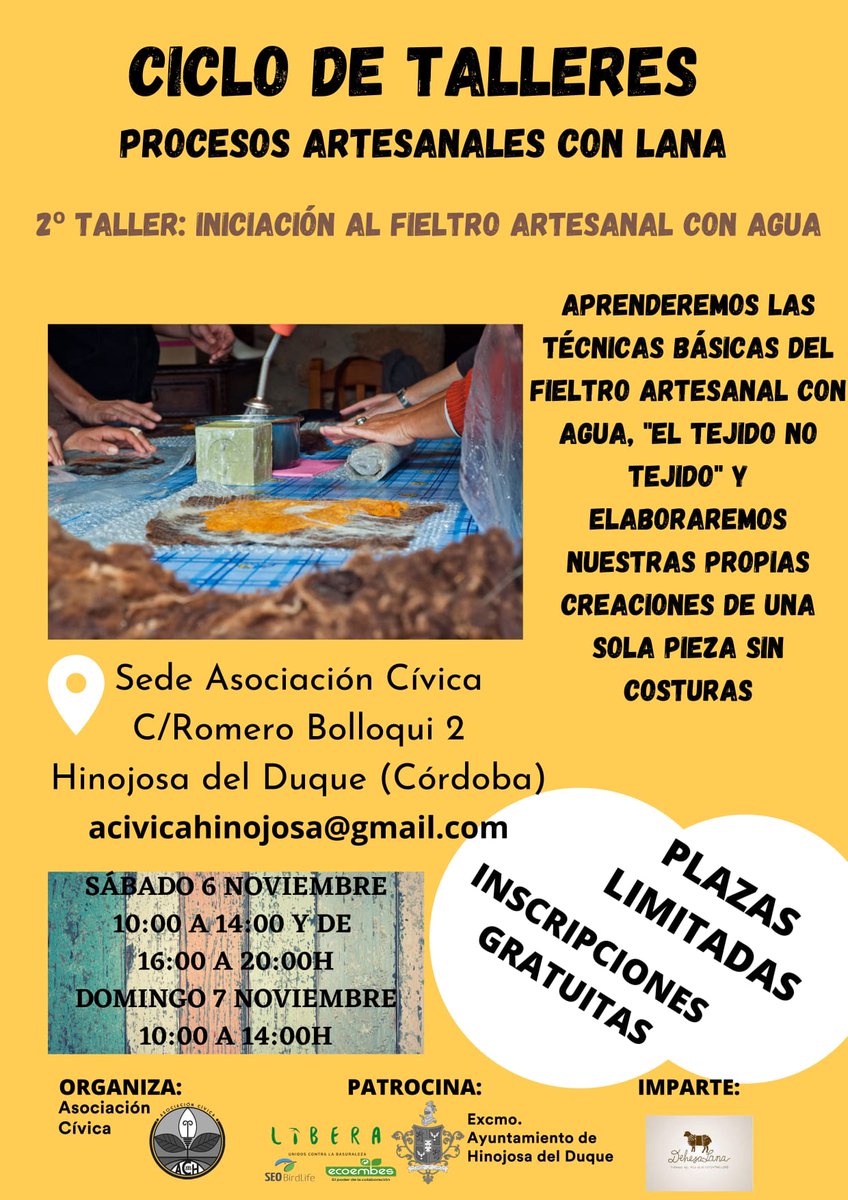ACivicaH's tweet photo. Este fin de semana tendremos la segunda parte del ciclo de procesos artesanales con #Lana: fieltro, una técnica polivalente que tradicionalmente se ha usado para confeccionar indumentaria, calzado, tapicería, paneles acústicos, juguetería y un largo etc. https://t.co/NMGsuHGkUB
