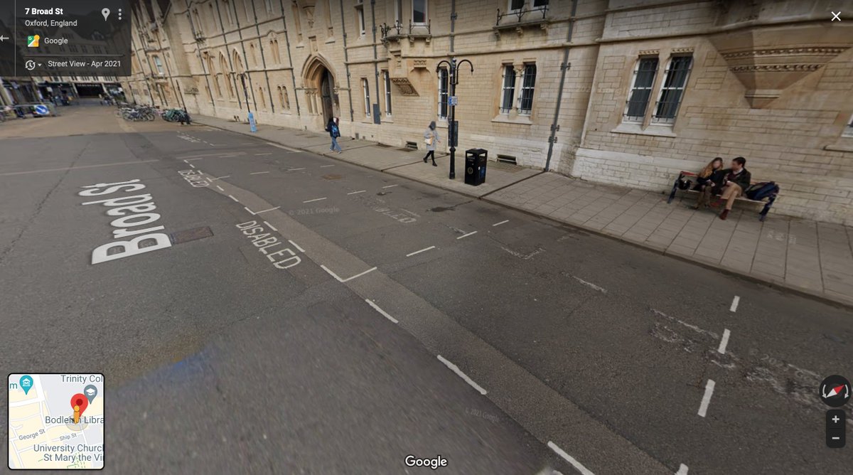 beniamino's tweet photo. @jonny_ives @cycloxoxford @OxfordCity @OxfordshireCC Are you sure this was bike parking before? Google maps shows that faded disabled spaces have been repainted and rotated. Lots of bike parking has been lost in the city centre over the last few years (possibly including the other side of Broad St), but I'm not sure about here. https://t.co/OixjxBVjNU