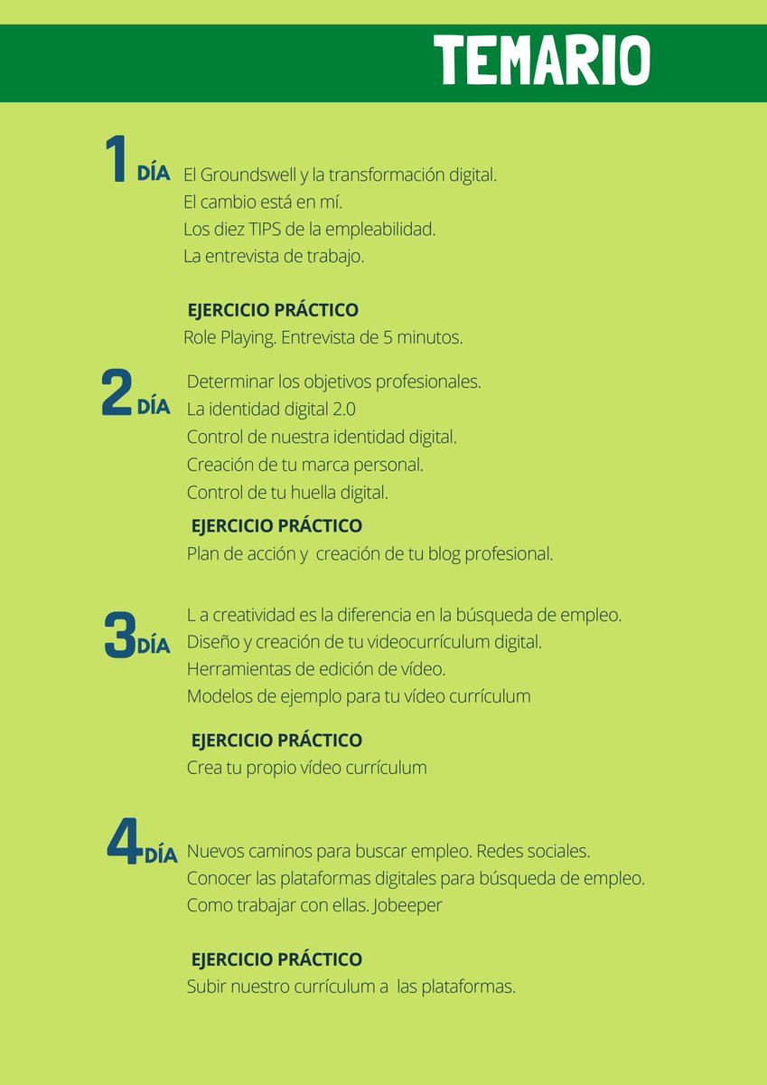 Aun te puedes apuntar al taller gratuito de TRANSFORMACIÓN DIGITAL: TALLER DE COMPETENCIAS. 
Del 8 al 29 de noviembre, de 18 a 35 años. 
Inscripciones en nuestra web, alicante.es/es/noticias/co…