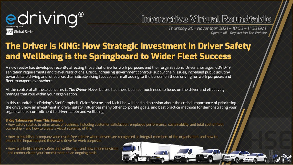 HSEGlobalSeries's tweet photo. Register: https://t.co/IBJ2GpduKh

On the 25th November along with eDriving® we are hosting a interactive roundtable at 10:00am - 11:00am GMT.
Everyone who is interested in driver/fleet safety is invited and you can find more information here.

#HSEGlobalSeries #DriverSafety https://t.co/P8zMUbFb8E