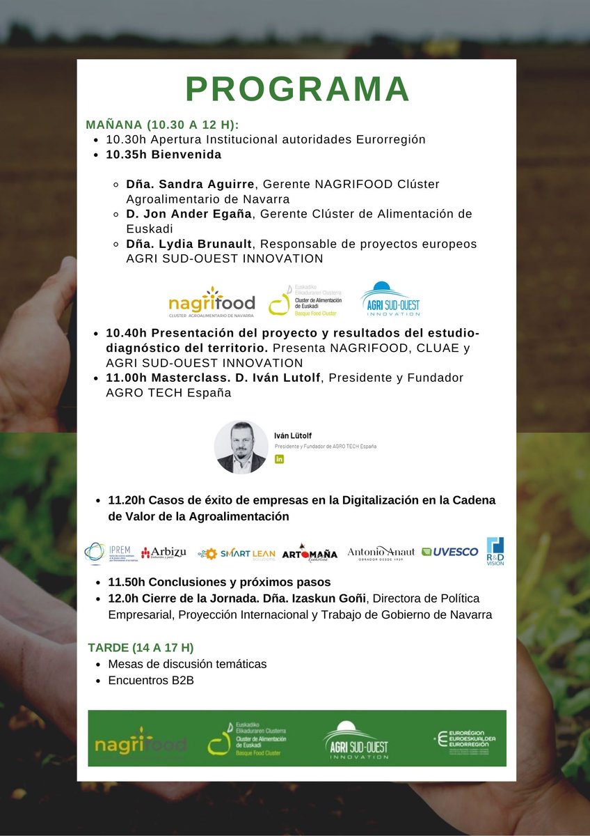📢 Este 4 de Noviembre se celebrará el primer evento de #AgroticHub. El proyecto es una iniciativa pionera de apoyo a la cadena de valor con la que se pretende mejorar su #competitividad mediante la #digitalización de las empresas

✍Inscríbete aquí: forms.gle/Di6MQvqRHxijHh…