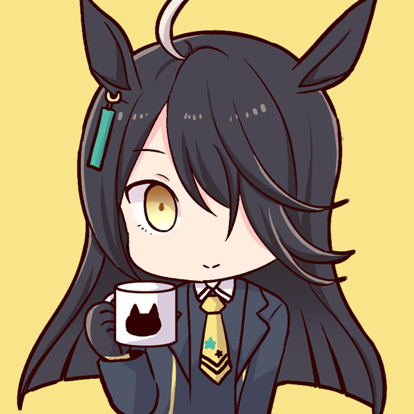manhattan cafe (umamusume) 1girl solo animal ears black hair holding cup cup holding  illustration images
