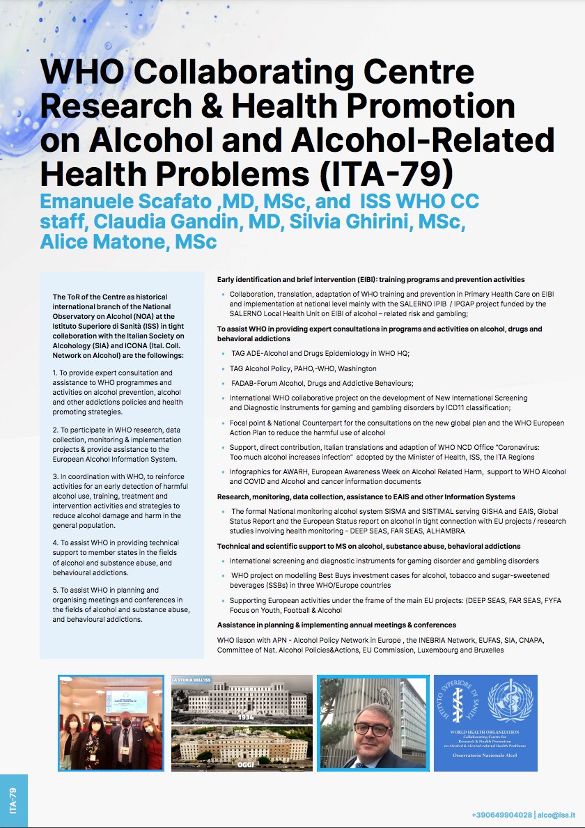 scafato's tweet image. Proud to be heading since 20 years the WHO CC for Research and Health Promotion on Alcohol ITA-79 contributing from @istsupsan, Rome, Italy to WHO strategies and WHO Collaborating Centres Network Regional Meeting: United Action for Better Health in Europe euro.who.int/en/media-centr…
