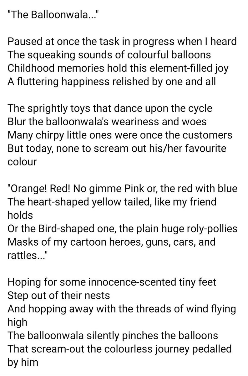 Madhumathi_Inks's tweet photo. "...The balloonwala silently pinches the balloons
That scream-out the colourless journey pedalled by him.."
#Balloons #Balloonwala #Colors #Life #Hardships #Poetry #Art https://t.co/0oh02WJ178
