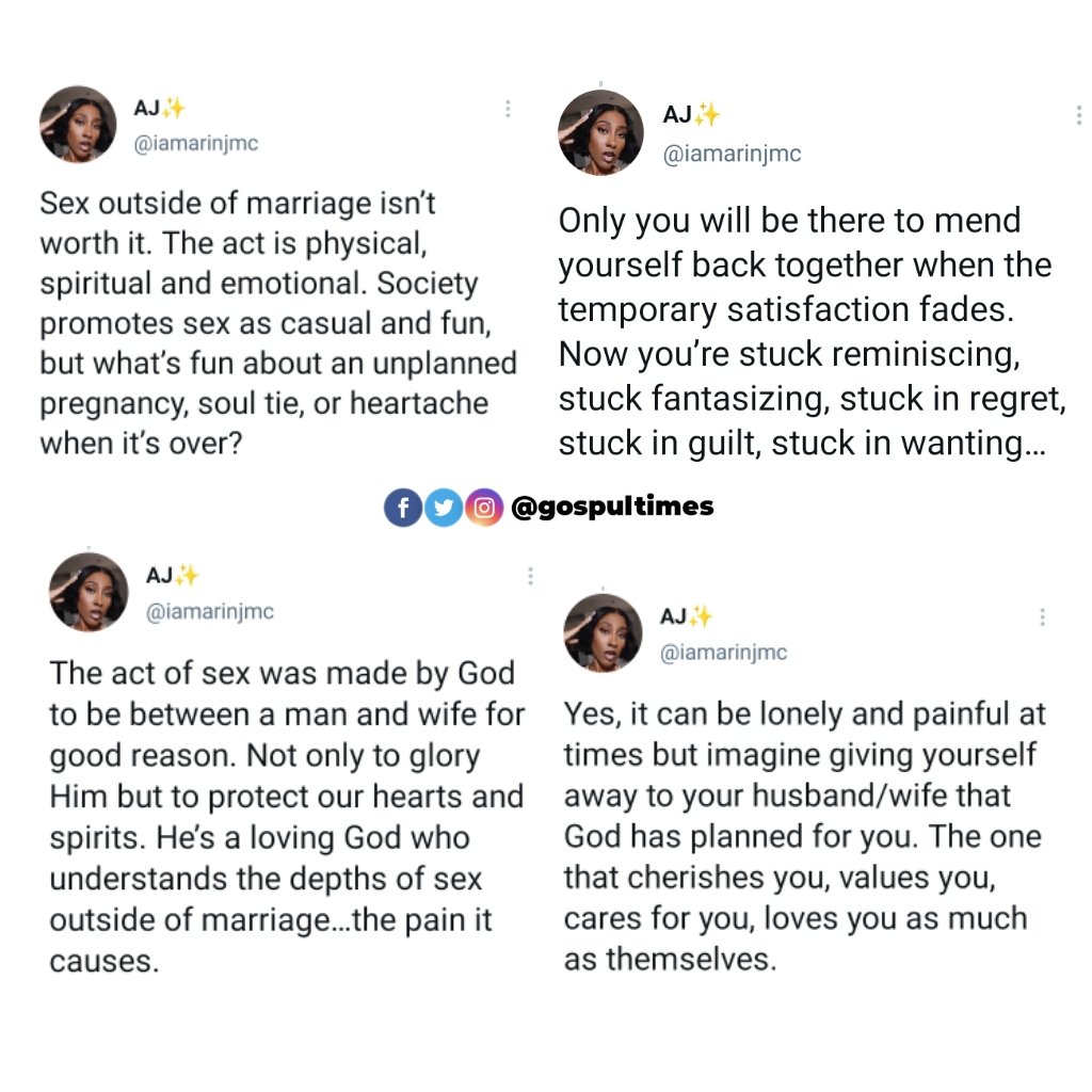GospulTimes's tweet photo. Lady shares opinion about sex outside marriage
#gospultimes #sexualpurity #gospelgist #christian #sex #gospelupdate #gospel https://t.co/i5o3ME2gsY