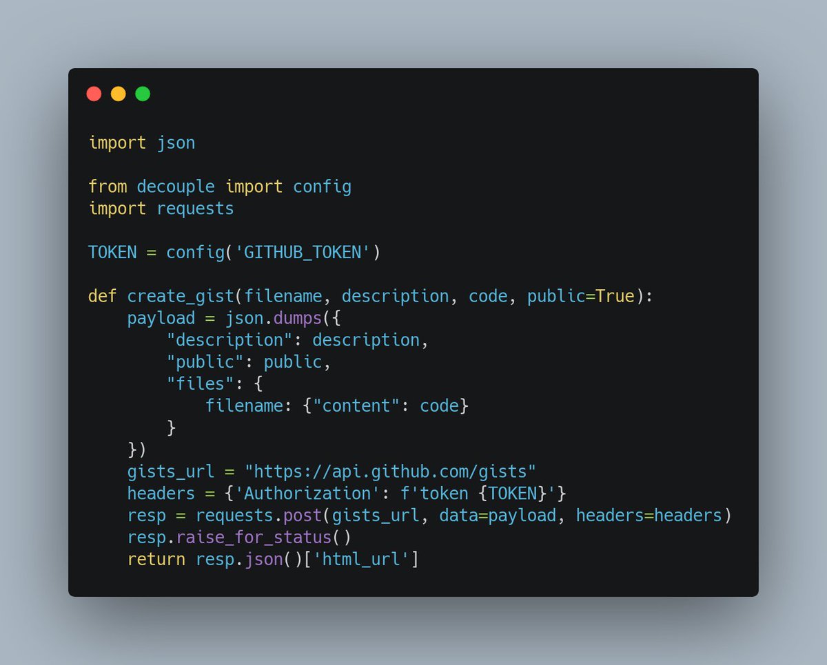 bbelderbos's tweet image. I wrote this #Python snippet the other day to automatically post a gist / code snippet to #GitHub. 

Maybe something you find useful as well ...