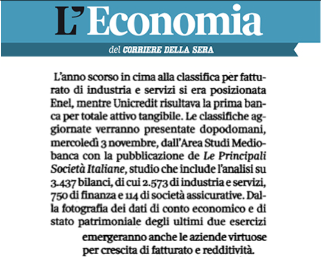 mediobanca's tweet photo. #MBPress - Domani l’#AreaStudiMediobanca presenterà Le Principali Società Italiane, un’analisi sui bilanci di 3.437 società di industria e servizi, finanza e assicurative. Dalla fotografia emergeranno le aziende virtuose per crescita di fatturato e redditività @Corriere https://t.co/2pdNWAFSnj