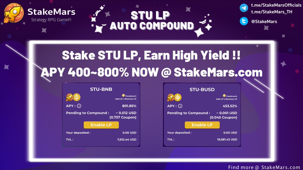 StakeMars's tweet image. STAKE STU LP, GET VERY HIGH YIELD !!

EARN 400~800% APY WITH STU TODAY!!

AT stakemars.com !!

#STU #Defi #Farming #BSC #GameFi  #仮想通貨