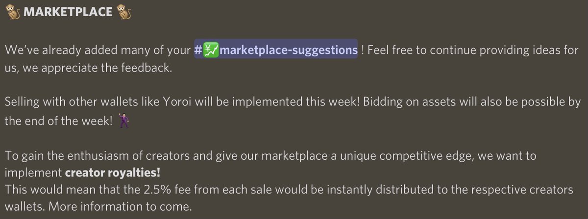 ApesCardano's tweet photo. Cardano Apes would like to implement creator royalties on our marketplace!

2.5% fees from each sale would be instantly distributed to the respective creators wallets!

We are asking creators of projects that are already listed to please dm us with your wallet receive address! https://t.co/ohpoM508e6