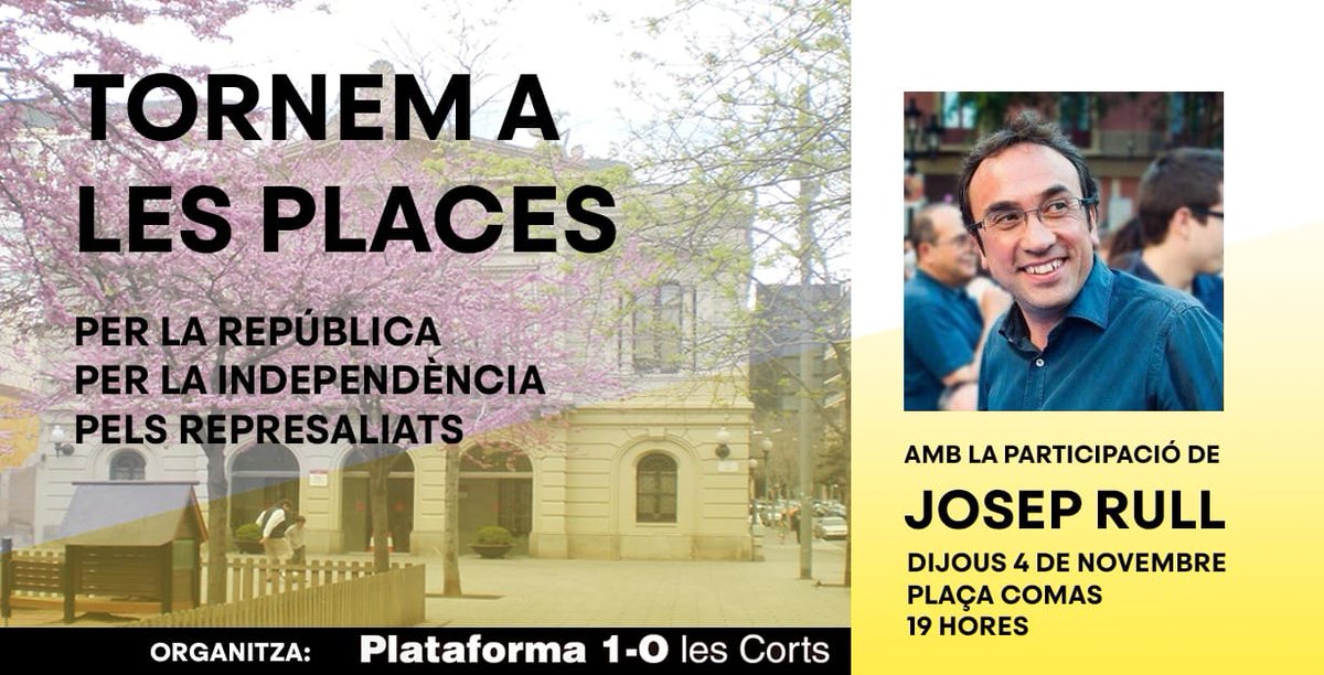 1o_les's tweet photo. 📢 Aquest dijous (com tots els dijous),
📅 4 de novembre
🕣 19 hs
🏛 Pl Comas #LesCorts
✅ Concentració organitzada per @1o_les per la República i contra la repressió.
Amb la presència del Conseller @joseprull .
Us hi esperem!!! https://t.co/pDpU434vHW