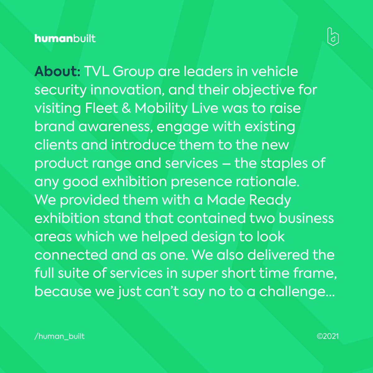 human_built's tweet photo. @COP26 got you thinking about #sustainable #exhibitionstands? Read how we did this for TVL Group at @bauermedia's Fleet &amp; Mobility Live 2021
♻️Fully reusable construction
🖨️Printer PVC-free graphic print
💡Energy efficient lighting
@ServiceGraphics | @octink | @ImageFactoryUK https://t.co/9naEehvmuG