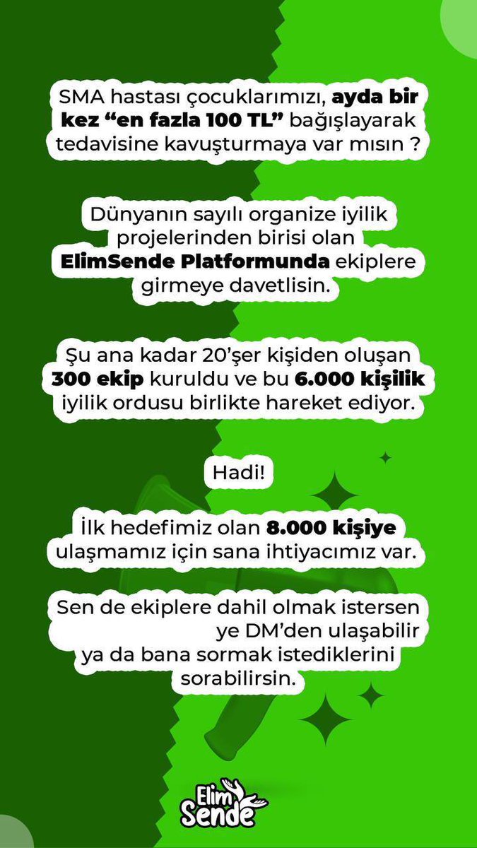 Merhaba,

Bildiğiniz üzere 11 Kasım tarihine kadar 400 ekip hedefimiz var. 

Bu hedefimize ulaşabilmek adına instagram storylerimizde paylaşabileceğimiz bir görsel hazırladık. 

Paylaşırken en son kısımda boş olan yere <a href="/elim_sende_/">elimsende</a> yi etiketlemeyi unutmamamız lazım.
