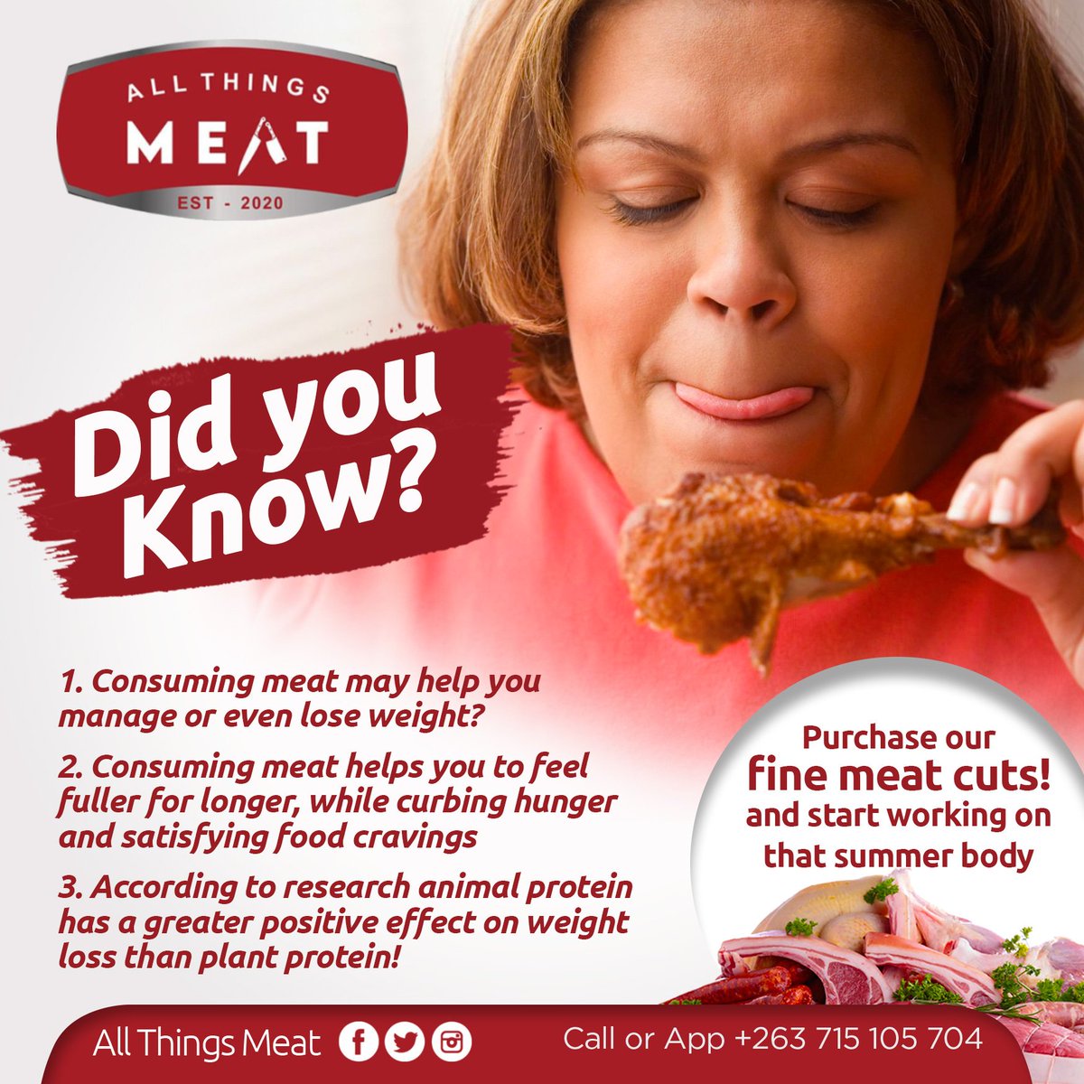 AllThingsMeatZw's tweet photo. Purchase our fine meat cuts And start working on that summer body

Visit us at 4 Conald road Graniteside Harare

Call us on +263715105704 for FREE DELIVERY
.
.
.
#meatCut #weightloss #Calories #meat #mackerel https://t.co/xwZDaKh5t1