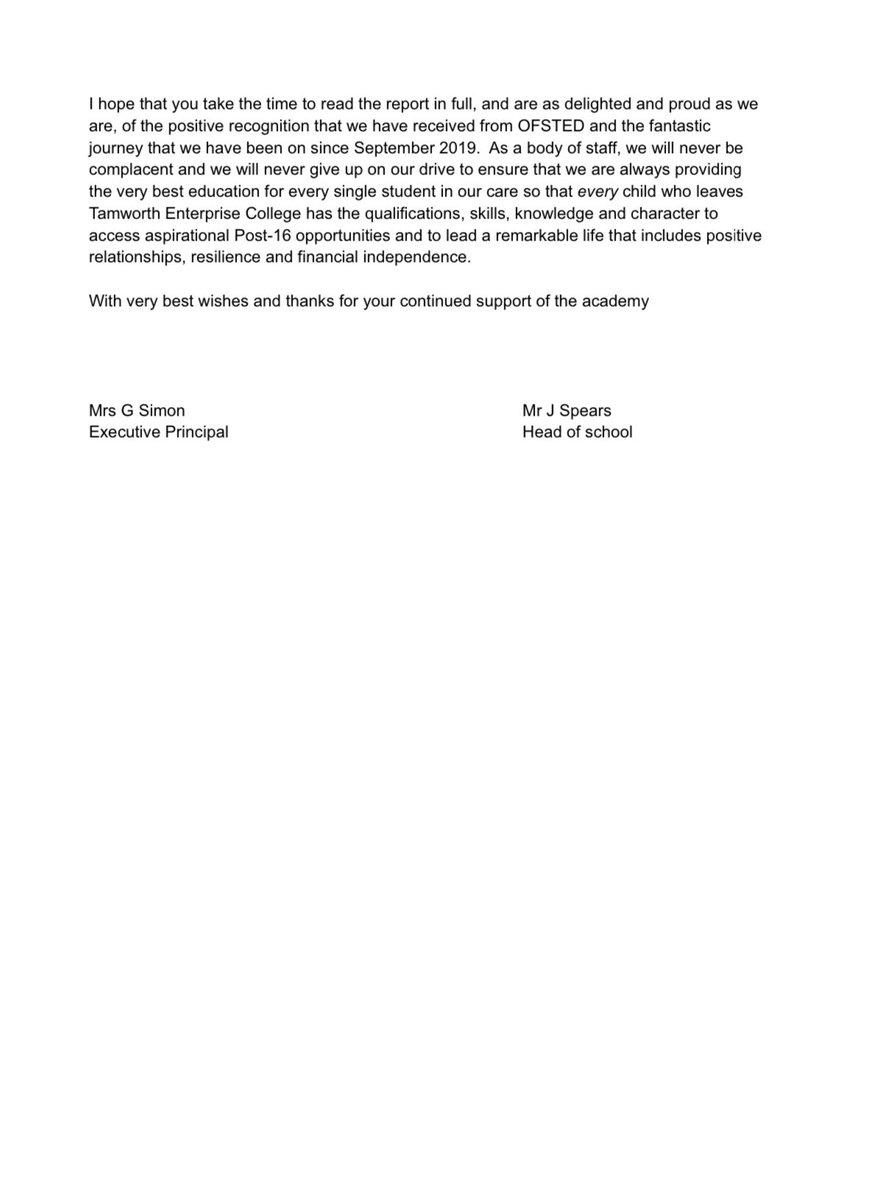 LiftTamworthSch's tweet photo. OFSTED! Letter to parents.
Full write up to follow.
WOW 🤩 #tectransformed https://t.co/aFqP5JmOdK