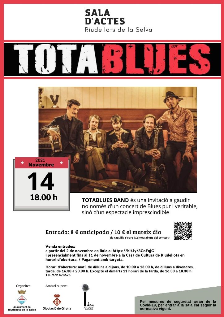 idea_gc's tweet photo. Concert Tota Blues Band a @Riudellots de la Selva el 14 novembre 18 hores a la Sala d'Actes
TOTA BLUES BAND és una invitació a gaudir no només d'un concert de Blues pur i veritable, sinó d'un espectacle imprescindible
Reserves a https://t.co/4GFmHLIAOs
#MúsicaenViu
#Blues
#ideagc https://t.co/FtjgtwLNMm