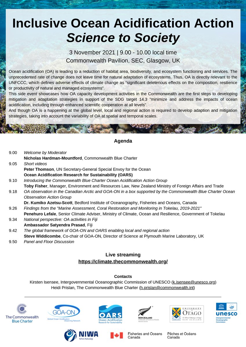 IocUnesco's tweet photo. Ocean acidification is a key topic at #COP26. Join this event to get learn how capacity development activities in the Commonwealth are contributing to address the impacts of ocean acidification. Watch livestream here  👉https://t.co/kCgtmvRU5K https://t.co/p8aynQdFGA