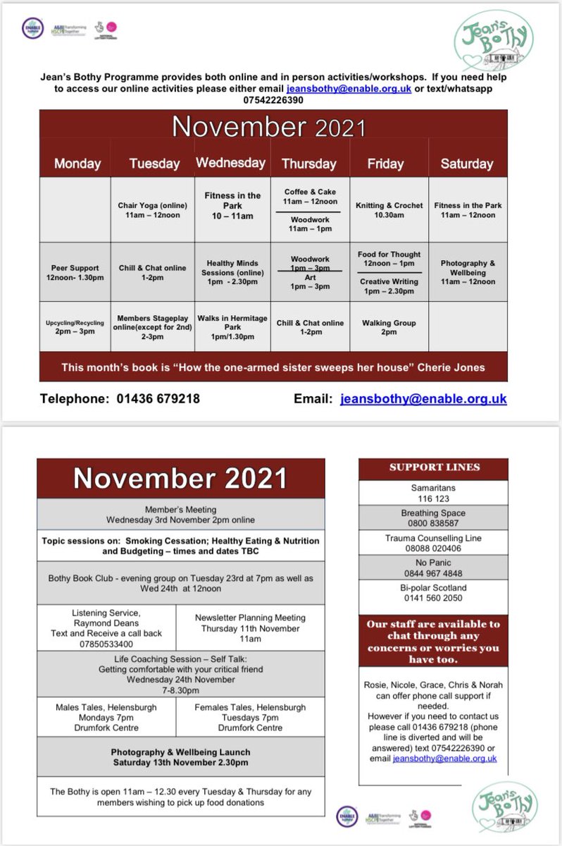 Our November Programme is out! Packed with lots of activities and workshops all to improve your mental health and well-being. Not a member yet? Contact us for more info #MentalHealthMatters #localsupport #community