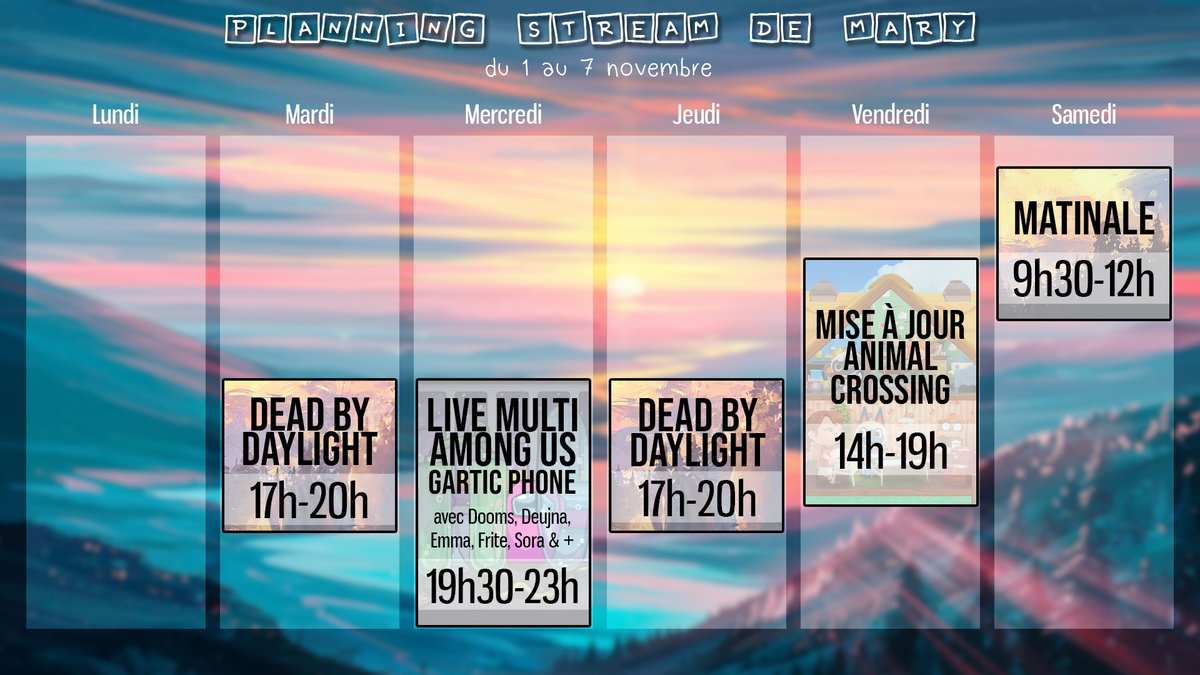 mary_sunray's tweet photo. Je tente un truc de type planning cette semaine. Si vous me voyez pas en live à ces heures là vous avez le droit de râler https://t.co/WQ8ksmebtO