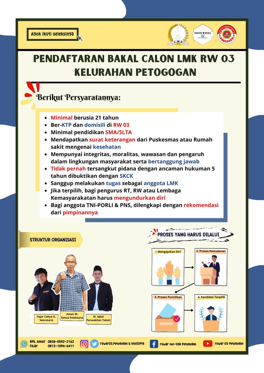 ruwar03's tweet photo. Halo Sobat 03✊🏻😊
Mimin mau kasih info nih, bahwa sudah dibuka Pendaftaran Bakal Calon LMK RW 03.
.
.
Berikut Persyaratannya :
1. Minimal berusia 21 tahun.
2. Ber-KTP dan domisili di RW 03.
3. Minimal pendidikan SMA/SLTA.
4. Mendapatkan integritas, moralitas, wawasan dan pengaruh https://t.co/TfcIf0BL3R