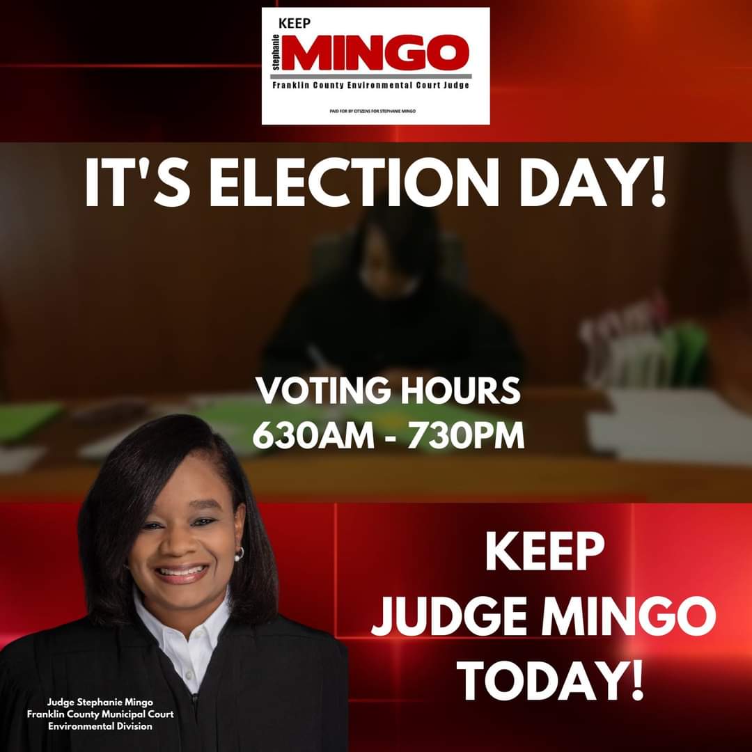 judgemingo's tweet photo. 📣  It's Election Day 🗳 !  #keepjudgemingo TODAY.

If you are unsure of your voting location please visit the Franklin County Board of Elections - Ohio "View My Voting Location" Link https://t.co/RjVQb9XnzO . 

#keepjudgemingo #responsiblejudges #franklincounty https://t.co/2P7edNheRv