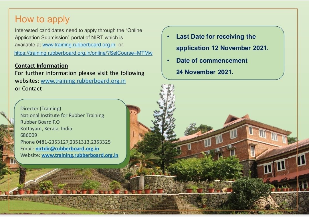 feedorgofficial's tweet image. National Institute for Rubber Training (NIRT) under

, launching a Post Graduate Diploma Course in Rubber Plantation Management (PGDRPM).

#RubberBoard

#feed #feedexports #FEEDSTARTUP