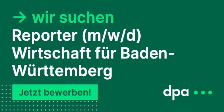 Die <a href="/dpa/">dpa</a> sucht in Vollzeit und unbefristet: 
🔎 Reporter (m/w/d) Wirtschaft für Baden-Württemberg
⚙️ Berichterstattung über Wirtschaftsthemen für Basis- und Landesdienst
✅ Erkennen von Trends und Umsetzen entsprechender journalistischer Formate
dpaq.de/2aKLS