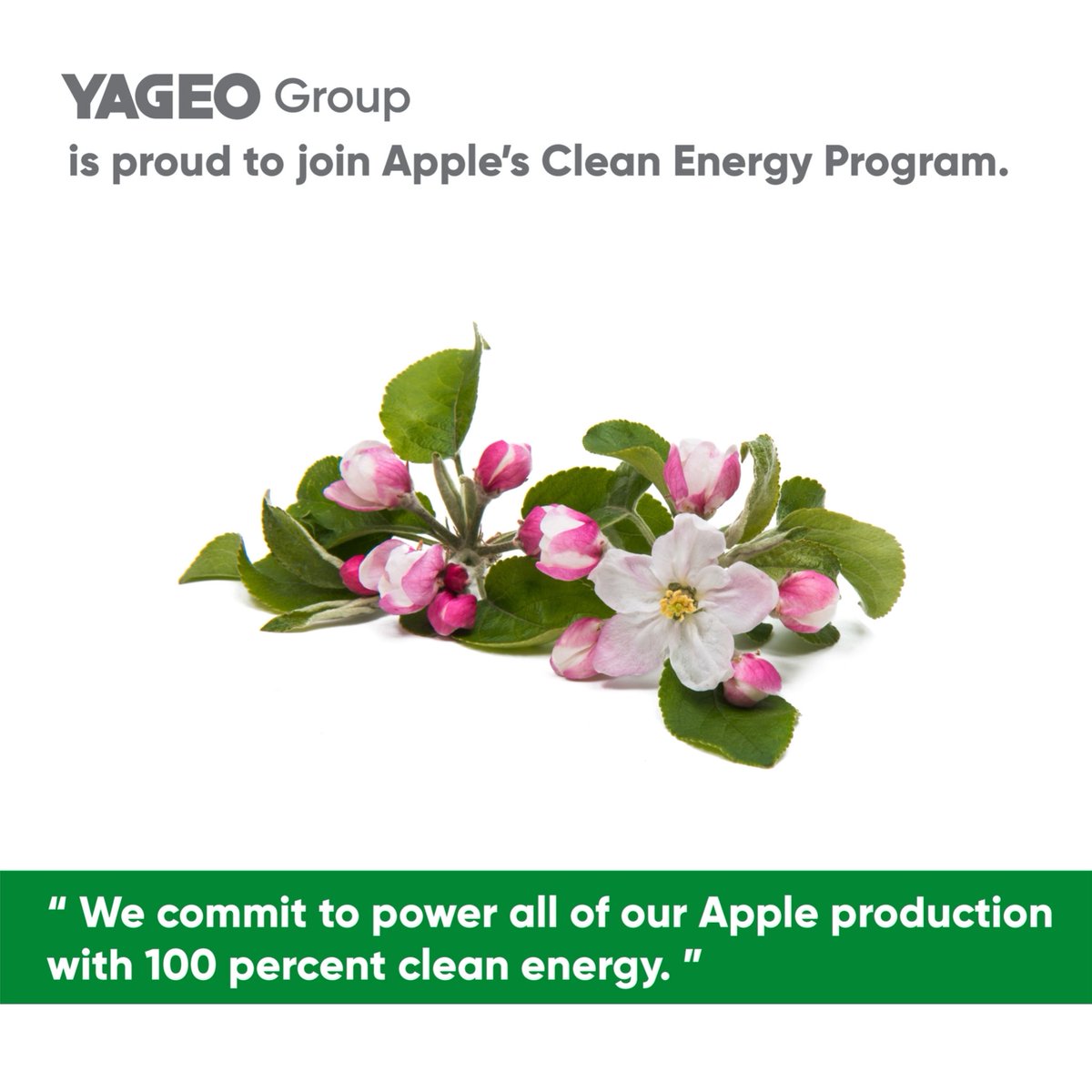 YAGEO Group is proud to join Apple's Clean Energy Program. We commit to power all of our Apple production with 100 percent clean energy.
Learn more here: apple.co/3EranV0
