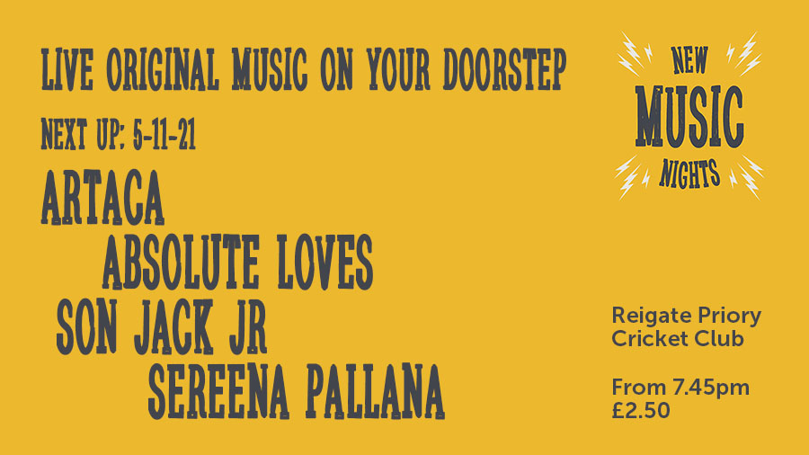 NMN this Friday at Reigate Priory CC from 7.45. Check out the acts.
Artaca newmusicnights.us10.list-manage.com/track/click?u=…
Absolute Loves newmusicnights.us10.list-manage.com/track/click?u=…
Son Jack Jr newmusicnights.us10.list-manage.com/track/click?u=…
Sereena Pallana newmusicnights.us10.list-manage.com/track/click?u=…

<a href="/prioryllamas/">Reigate Priory Cricket Club</a> <a href="/whatoninreigate/">What's On In Reigate</a> <a href="/Redhill2Reigate/">redhill-reigate.com</a> <a href="/yourtownreigate/">Your Town Reigate</a>