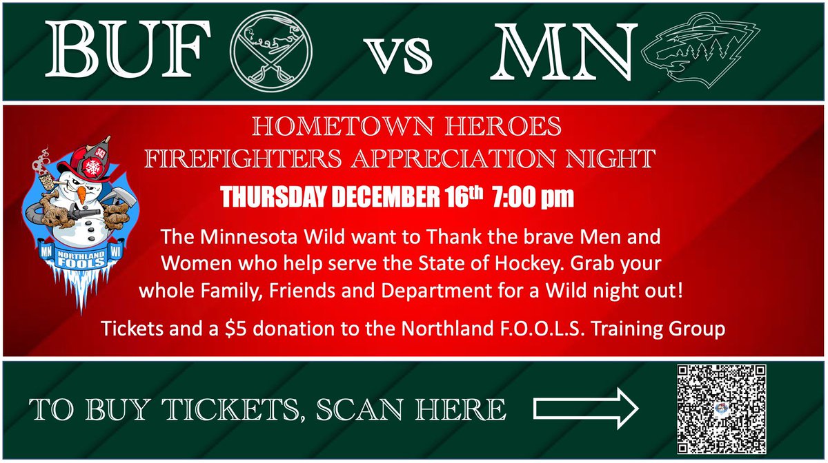 firecapt44's tweet photo. The MN Wild are hosting a Firefighters Appreciation Night on Thursday, December 16th, and when you purchase your game tickets by scanning the QR code, the Northland Fools will benefit with a $5.00 per ticket donation from the Wild. https://t.co/Xnvl7F46j1