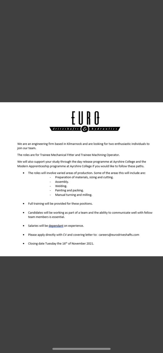 DYW Ayrshire (@dywayrshire) on Twitter photo ❗️APPRENTICESHIP OPPORTUNITITY❗️
Euro Driveshafts Hydraulics are looking for 2 individuals to join their team🛠️
Would you like to be a Trainee Mechanical Fitter or a Trainee Machining Operator?
Email your CV and covering letter to careers@eurodriveshafts.com
More info👇 ❗️APPRENTICESHIP OPPORTUNITITY❗️
Euro Driveshafts Hydraulics are looking for 2 individuals to join their team🛠️
Would you like to be a Trainee Mechanical Fitter or a Trainee Machining Operator?
Email your CV and covering letter to careers@eurodriveshafts.com
More info👇