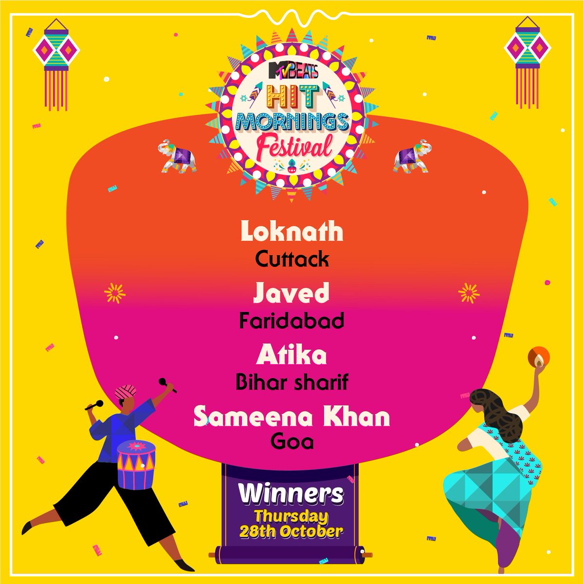 MTVBeats's tweet photo. Congratulations! Iss hafte ke #HitMorningsFestival winners ko. But prizes toh abhi baaki hai!đ
So keep participating only on #MTVBeats subah 7:30-11:30 AM!
#Contest #Diwali #FestiveSeason #WatchnWin #BloodMeinHaiBeat https://t.co/1PMS8FYeRc