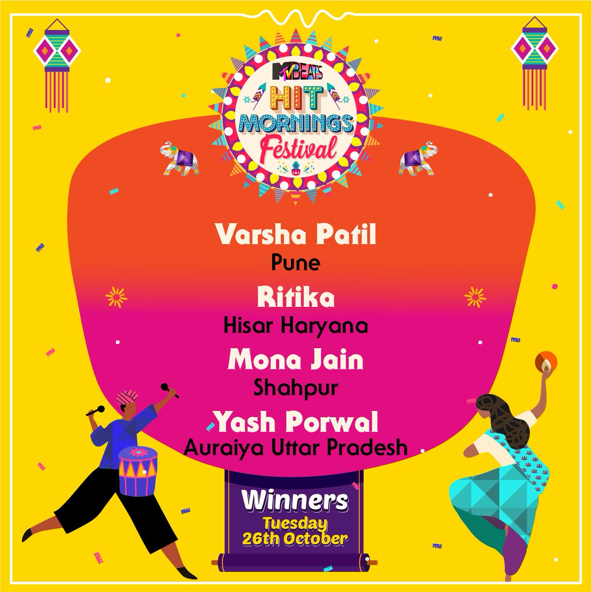 MTVBeats's tweet photo. Congratulations! Iss hafte ke #HitMorningsFestival winners ko. But prizes toh abhi baaki hai!đ
So keep participating only on #MTVBeats subah 7:30-11:30 AM!
#Contest #Diwali #FestiveSeason #WatchnWin #BloodMeinHaiBeat https://t.co/1PMS8FYeRc