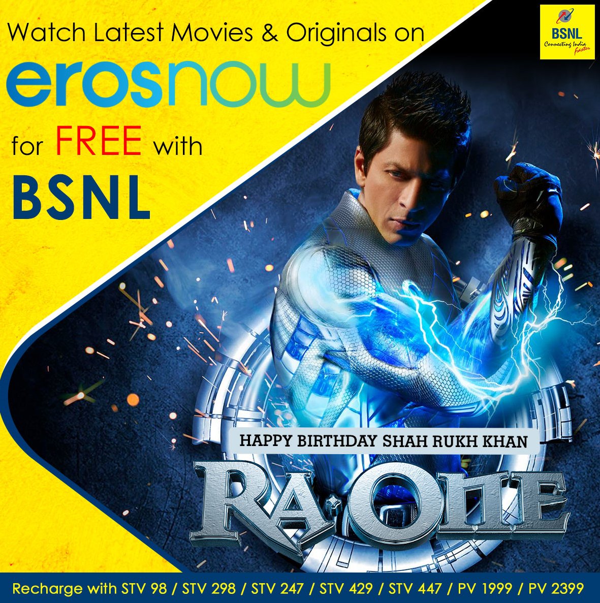 BSNL_RJ's tweet photo. Watch latest movies &amp; Originals on @ErosNow
for free with #BSNL selected #Pre_Paid and #Post_Paid mobile plans. 
For New Sim click on https://t.co/cFLLYehjgO
For Online Recharge https://t.co/3nvNj8KshP
Pay your mobile bills: https://t.co/lkkOWCGhj6
Happy Birthday #ShahRukhKhan https://t.co/h0OEECTeWz