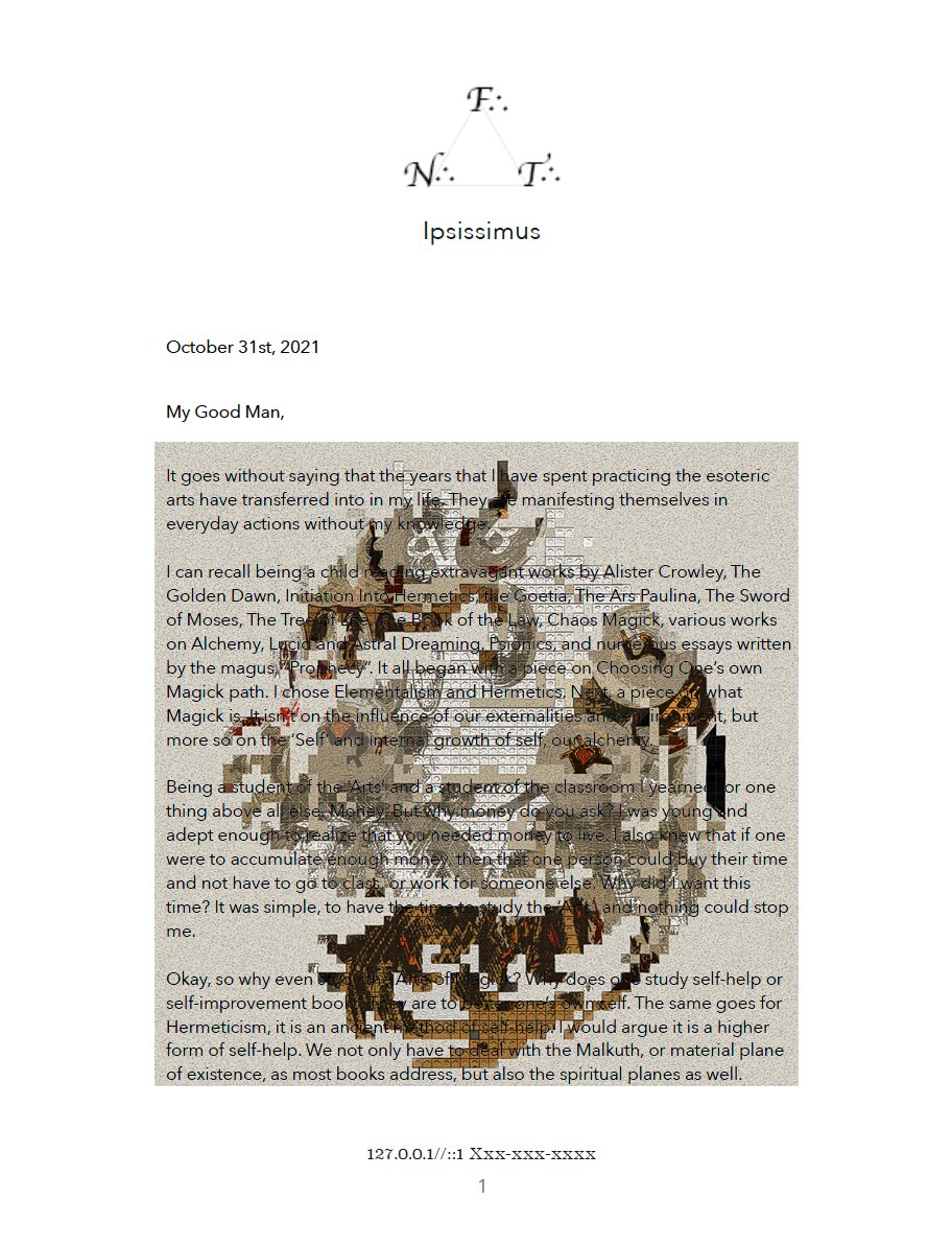Letter's 1 &amp; 2 (12 Pages) Published In a 90-Part Series.

⚪️ Ed. of 25 Pcs. Ea
⚪️ Written by Member: 'Ipsissimus'
⚪️ Published: <a href="/mintgate_io/">ThriveTogether.ai</a> // <a href="/rarible/">Rarible</a> 
⚪️ Unlockable PDFs
⚪️ Unique 1 of 90 NFT Collectible

⚫️ #NFT #NFTs #NFTCommunity #nftcollector  #NFTWriters #CryptoWriters ⚫️