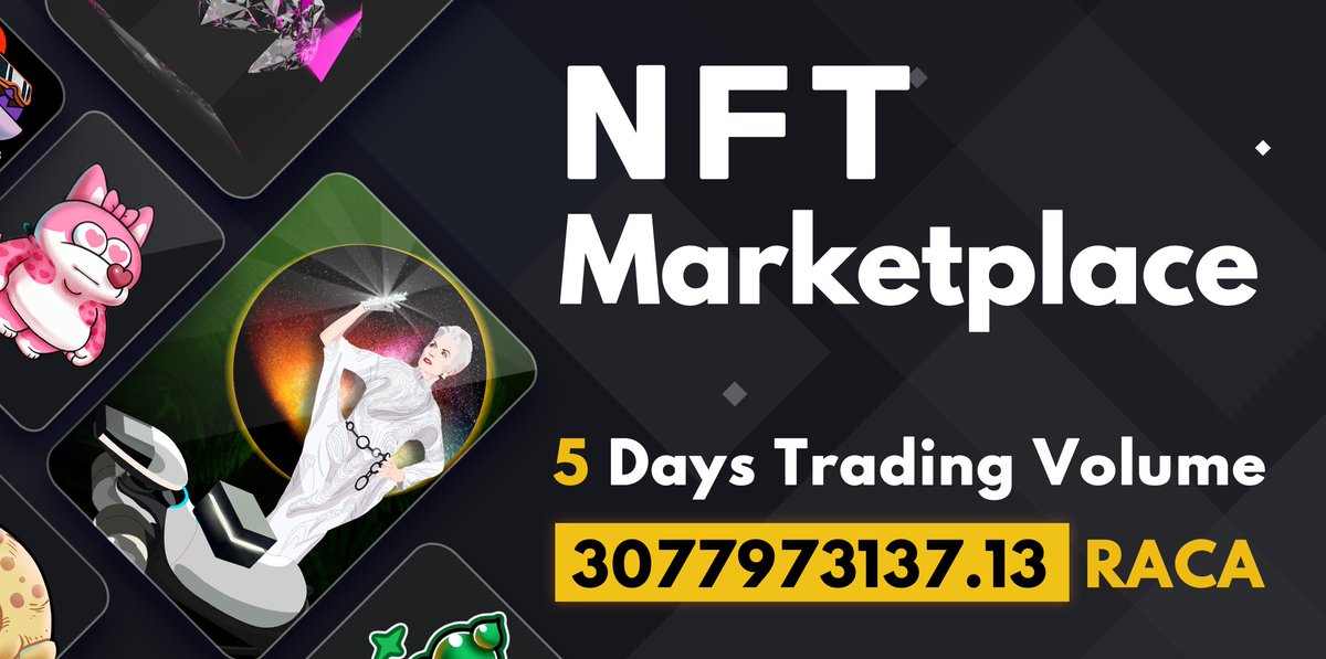 RACA_3's tweet image. 📢For the past 5 days, the trading volume of our NFT Marketplace has been absolutely amazing at 3,077,973,137.13 $RACA on @BinanceChain 🥳

@binance @cz_binance @TheBinanceNFT #RACA #Metamon #Metaverse #NFTs #PlayToEarn