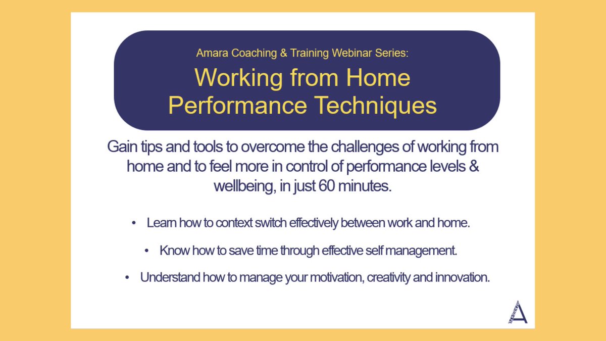 amaracoaching's tweet photo. Are you finding #workingfromhome challenging? My 60 minute #webinar, provides tips and tools on how to overcome these challenges and how to be more in control of performance levels, manage productivity and maintain a healthy work-life balance. DM me for prices &amp; availability. https://t.co/J6BXgD8uIQ