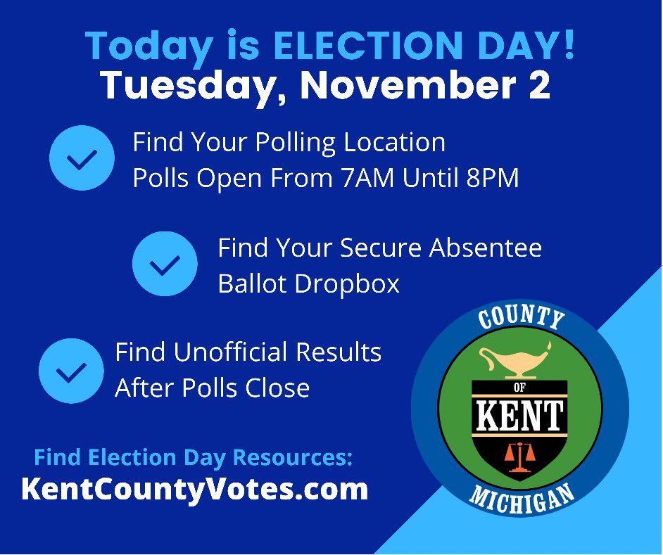 KentCountyClerk's tweet photo. It’s #Elections2021 Day in #Kent County. Find everything you need at https://t.co/GUtlbaJ5qc #KentCountyVotes https://t.co/sKF37qXdNS