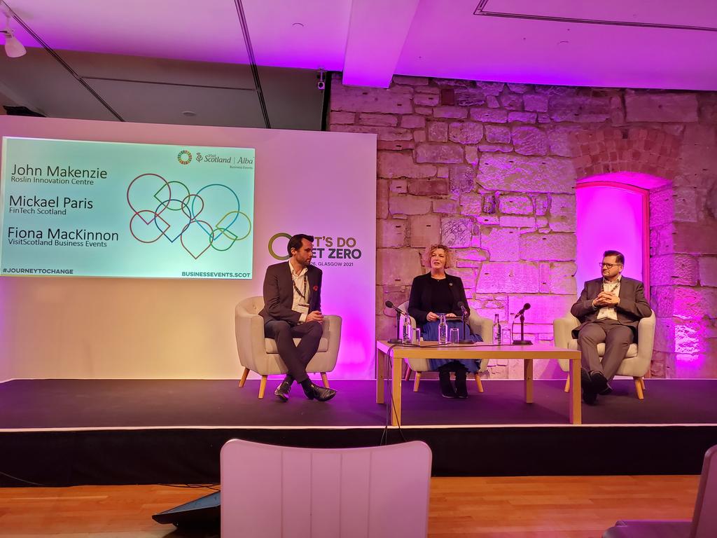 Panel session during @VisitScotBE with Mickael Paris from @FinTechScotland and John Makenzie from @roslininstitute. Great to hear about the role of both organisations with innovation, sustainability and partnership key. #COP26 #journeytochange