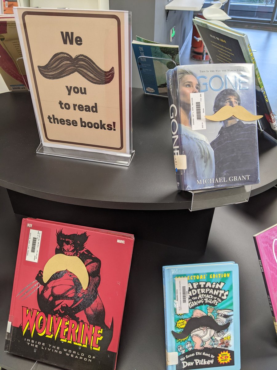 sducharme's tweet photo. Middle school Library Club made a display for #Movember - #GeckosREAD books with mustaches on them! https://t.co/N3IFmWqVLk