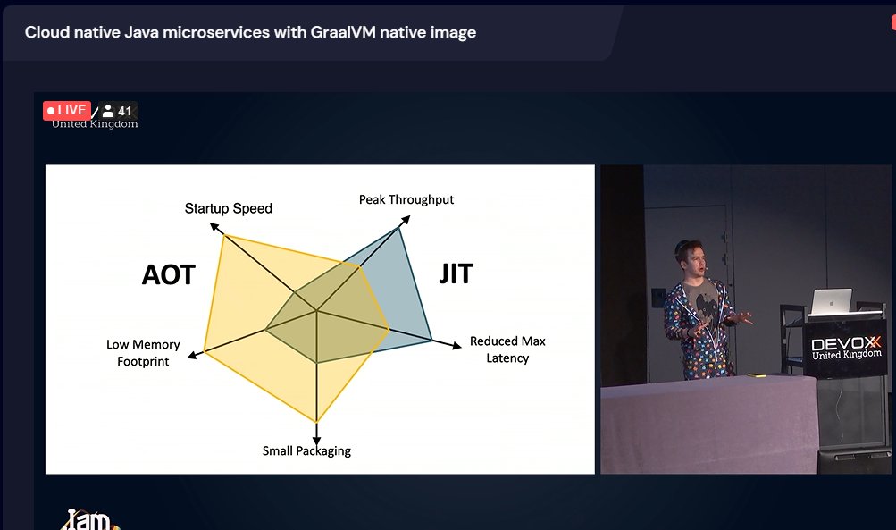 #DevoxxUK 
Cloud native Java microservices with GraalVM native image by <a href="/shelajev/">Oleg Šelajev 🇪🇪🧊🐳</a>

"Du java native dans le #cloud : on aime connaître les tradeoffs entre AOT et JIT. Et on aime encore plus le costume d'Oleg 😁" RG 
#Devoxx