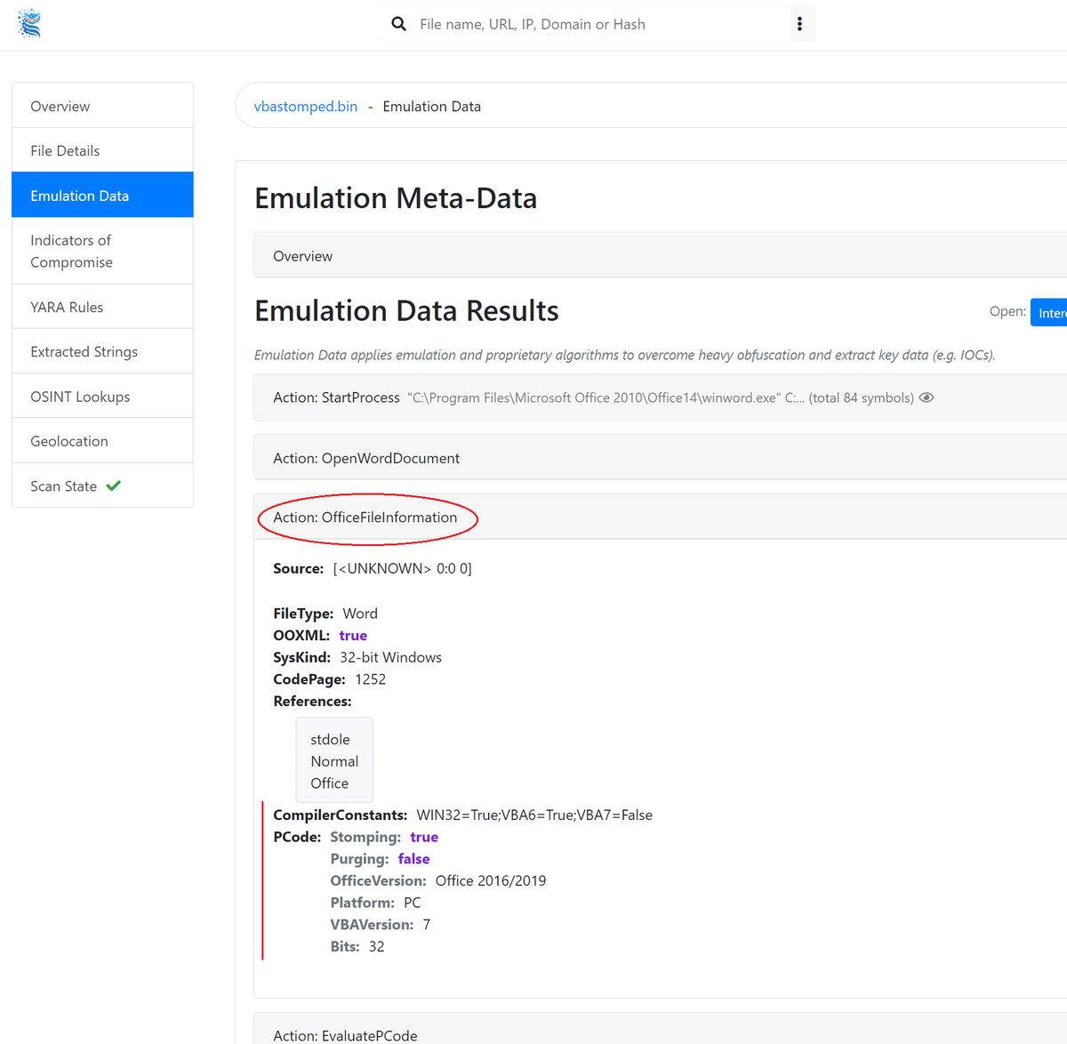 filescan_itsec's tweet photo. [UPDATE] In addition to our P-Code analysis itself, we have added an OfficeFileInformation event to the emulator data page, which offers more information about the targetted version/platform and VBA language. Example: https://t.co/r4wVMdwEZV #vbastomping #dfir https://t.co/NqaMHAvYTx