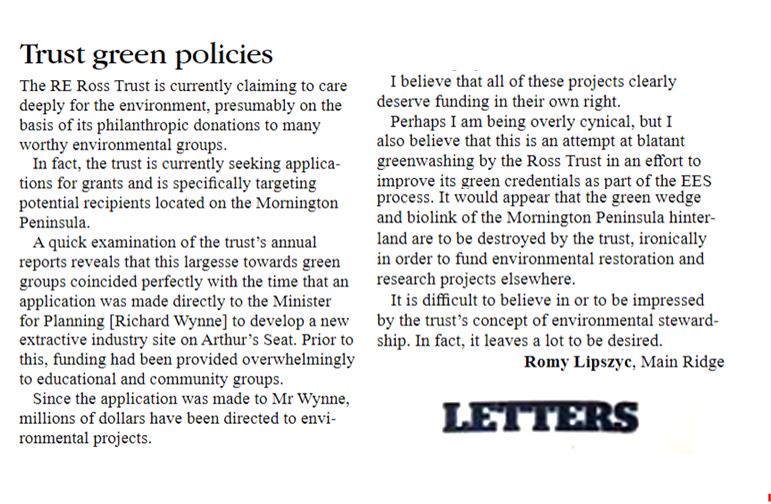 SaveArthursSeat's tweet photo. Great letter in this week's Mornington Peninsula News Group. "It is difficult to believe in or to be impressed by @rosstrust @trust_ross concept of environmental stewardship. In fact it leaves a lot to be desired."
#savearthursseat #savewonga
#rosstrusthitsrockbottom https://t.co/DlKklGL5MM