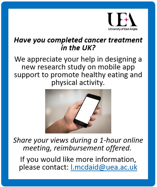Help shape new research into healthy lifestyle change after cancer treatment #ppi @RDS_EoE @FelixNaughton @ProfAMMinihane @drbengardner @UeaMed @UEA_Health @bigctweets