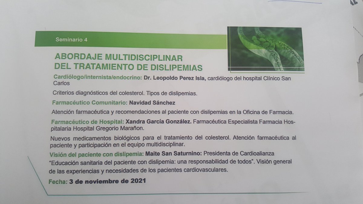 Nuestra Presidenta Maite San Saturnino, estará en el Seminario sobre, Abordaje multidisciplinar del tratamiento de dislipemias.
